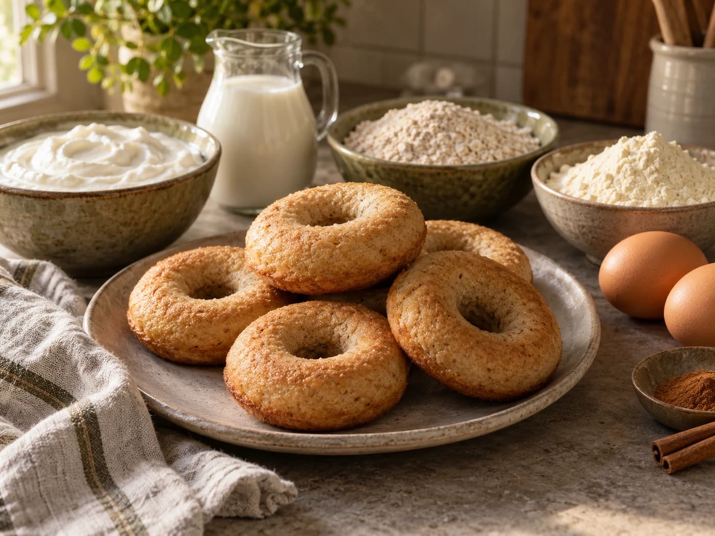 Greek yogurt, milk, ground oats, whey and eggs in separate bowls