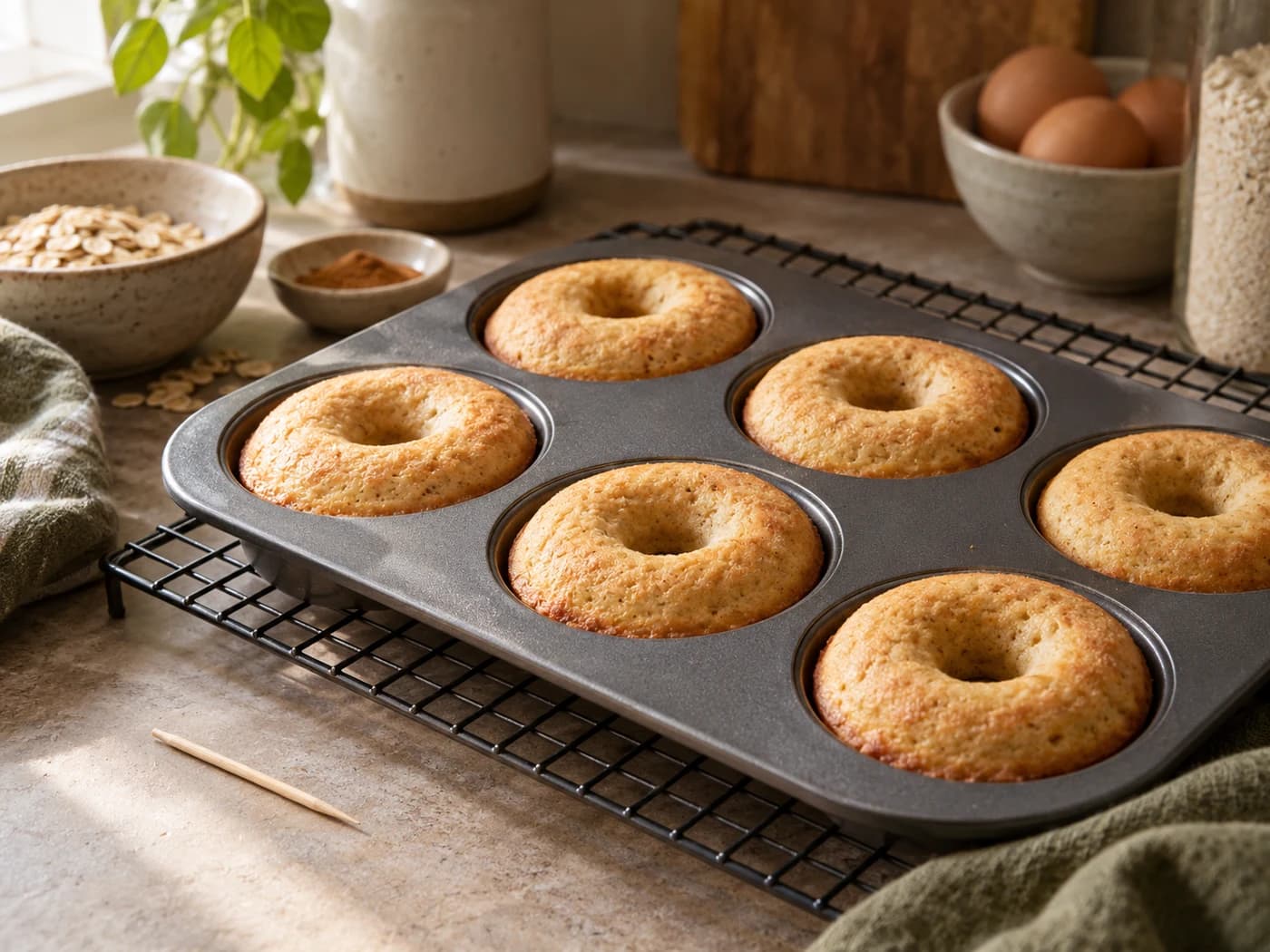 Plain golden donuts resting in their metal ring pan