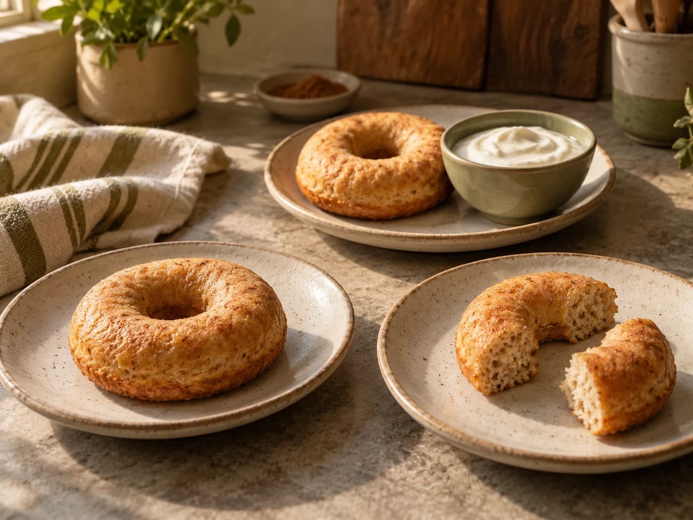Whole and half donut portions beside plain Greek yogurt