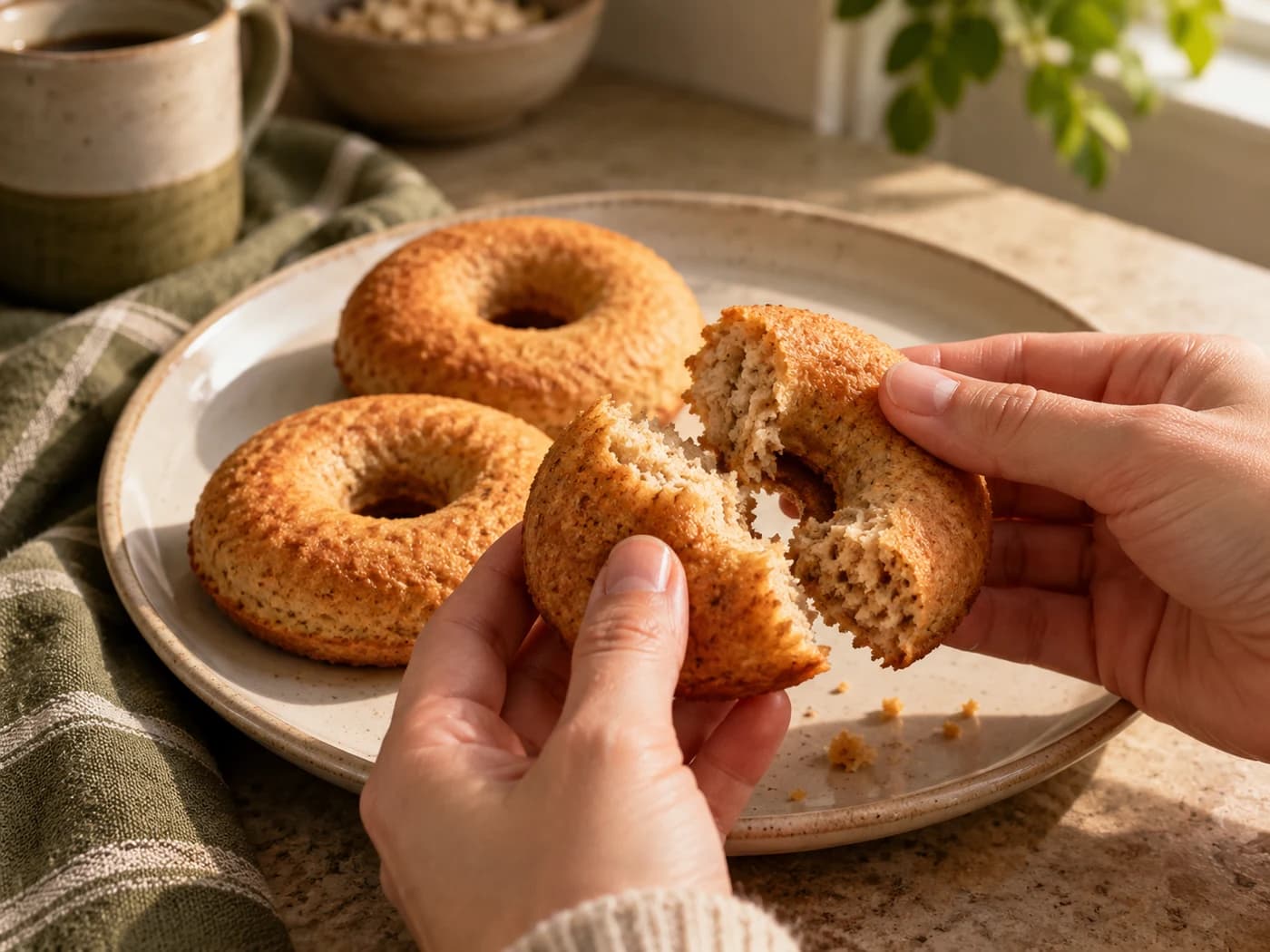 A small oat donut being broken over an ivory plate