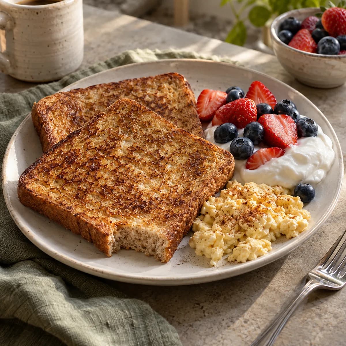 A cut corner of whole-wheat French toast showing its crumb, with yogurt, berries and cooked custard