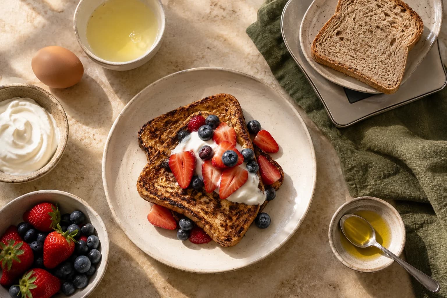 Whole-grain bread on a kitchen scale with measured egg whites, yogurt, berries and oil nearby