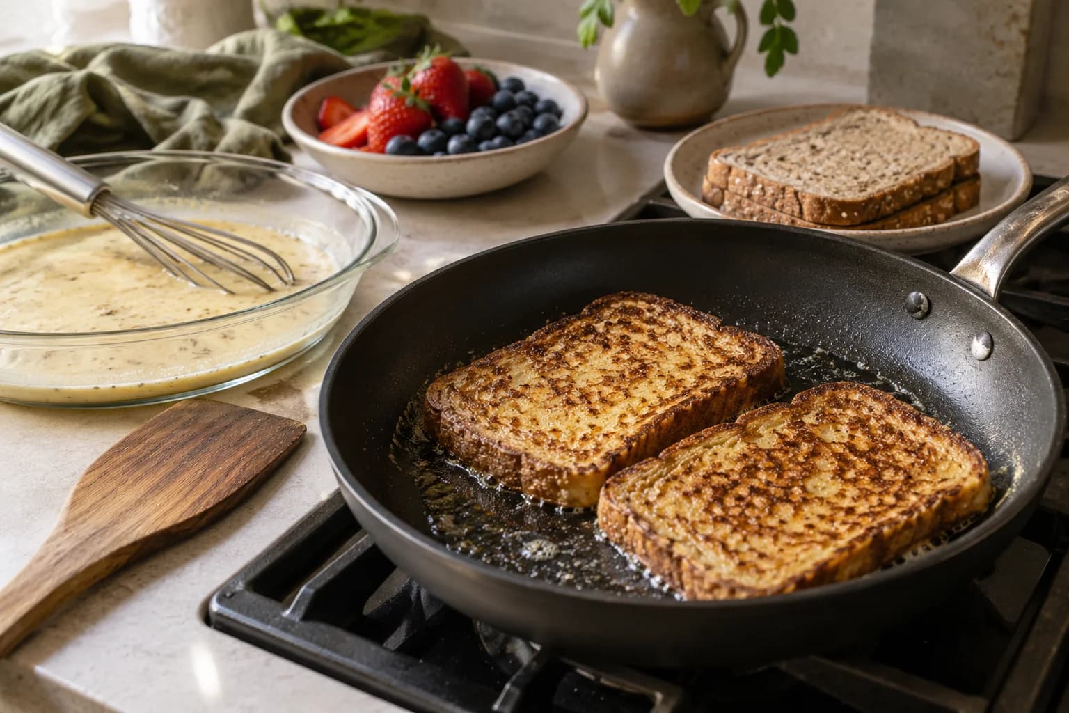 Two golden French toast slices cooking in a skillet beside a shallow bowl of egg custard