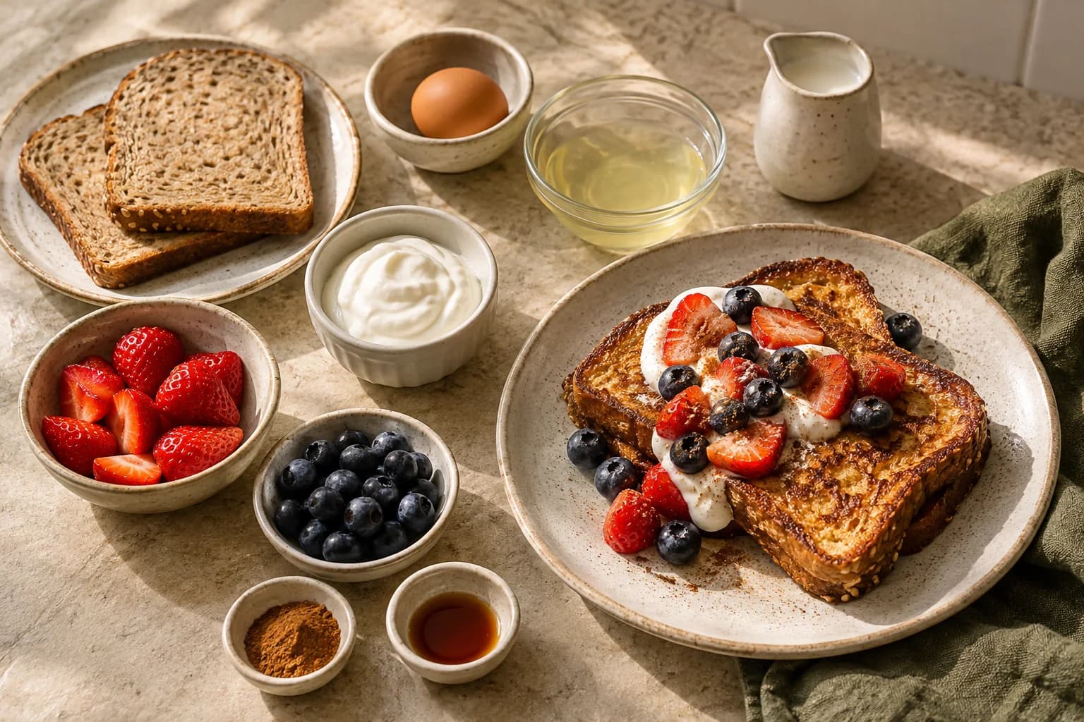 Whole-wheat bread, egg, liquid whites, milk, Greek yogurt, berries, cinnamon and vanilla on a kitchen counter