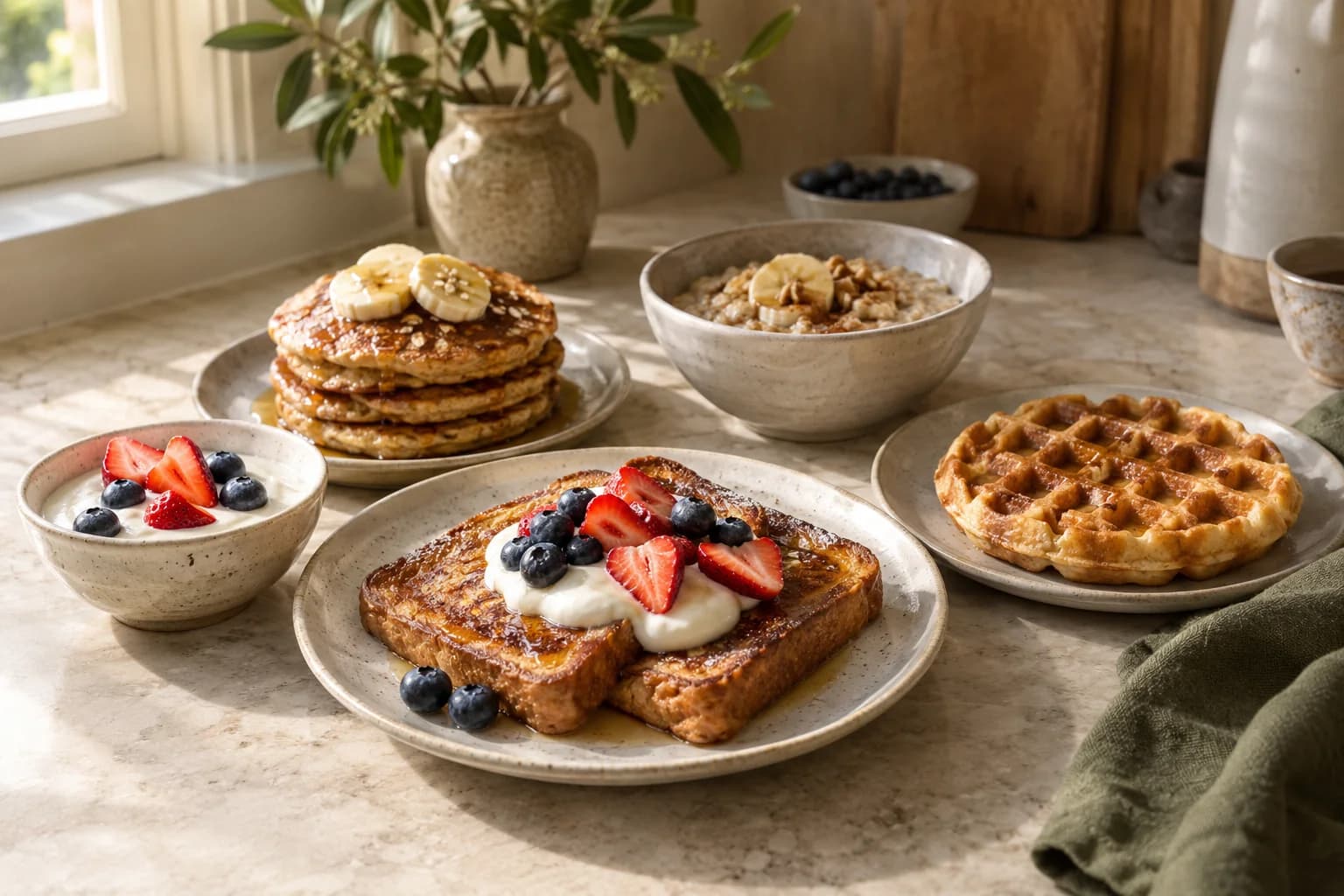 Breakfast spread of French toast, pancakes, waffles, oatmeal and a yogurt bowl in a warm kitchen