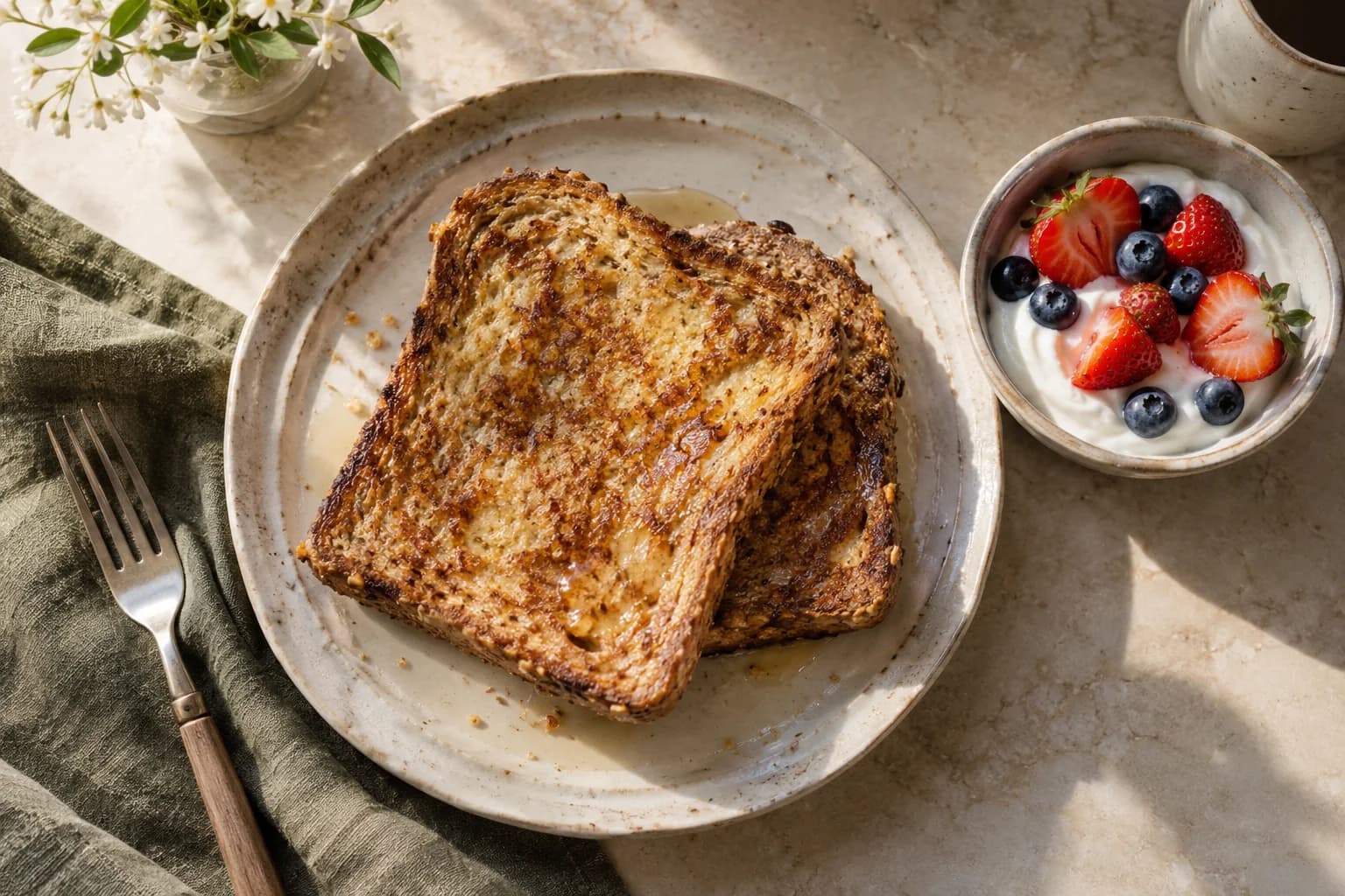 An overhead breakfast portion of two French toast slices with yogurt and mixed berries