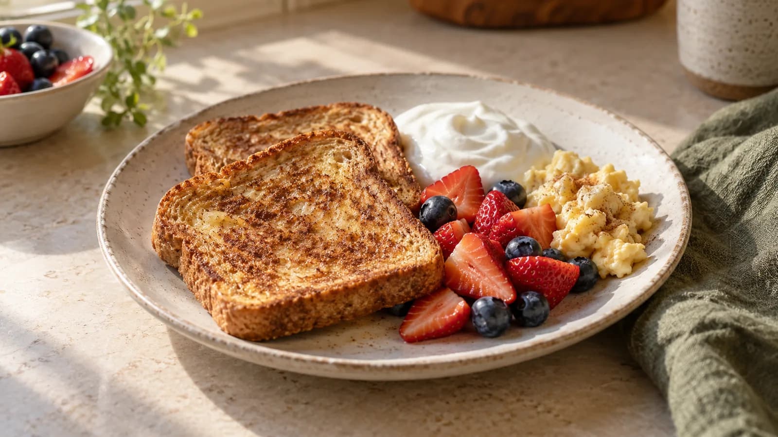 Two whole-wheat French toast slices with Greek yogurt, berries and a small cooked-custard side