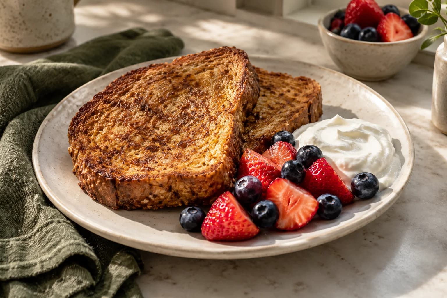 Golden whole-grain French toast with Greek yogurt and fresh berries
