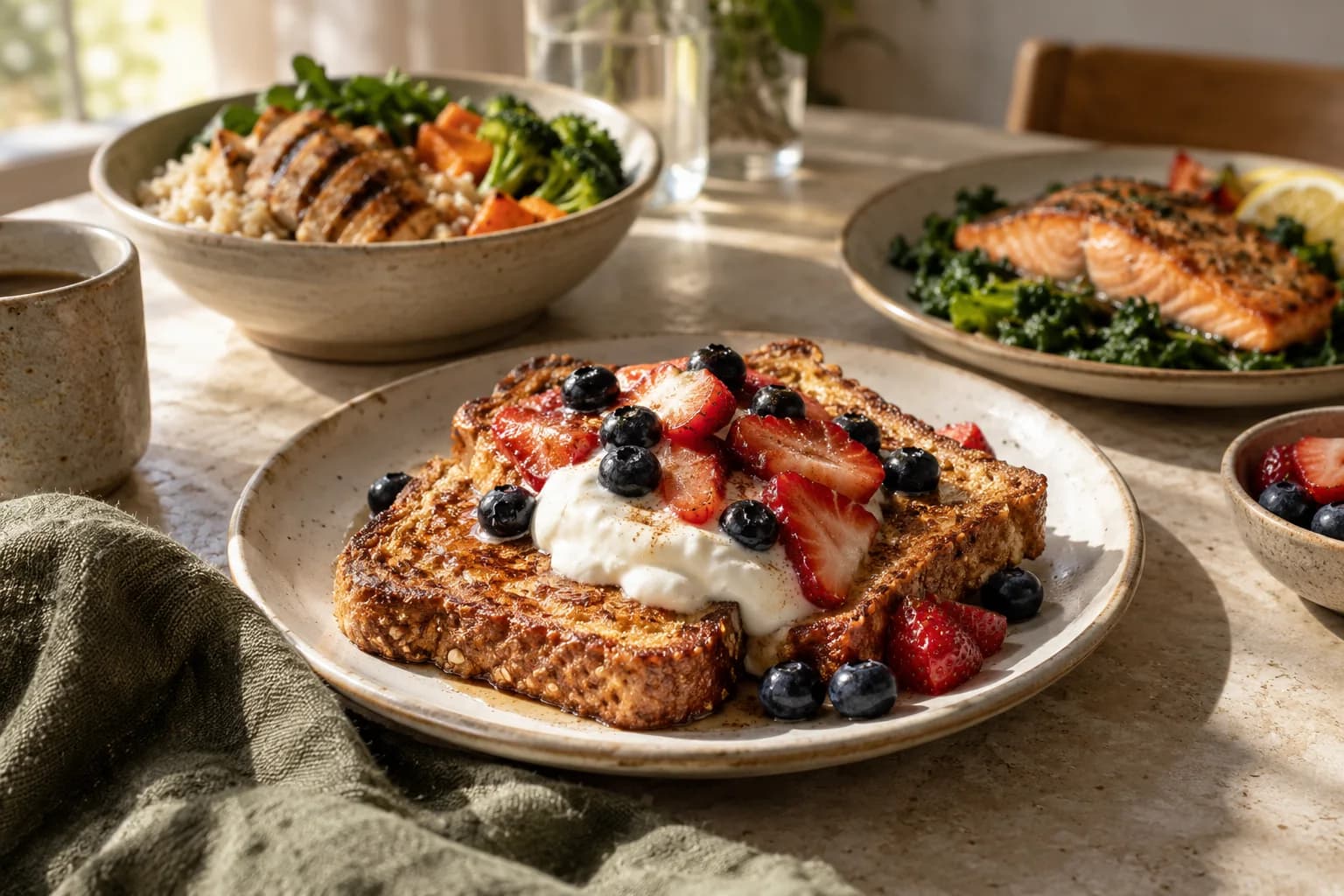 French toast breakfast in front of balanced chicken and salmon meals for the rest of the day