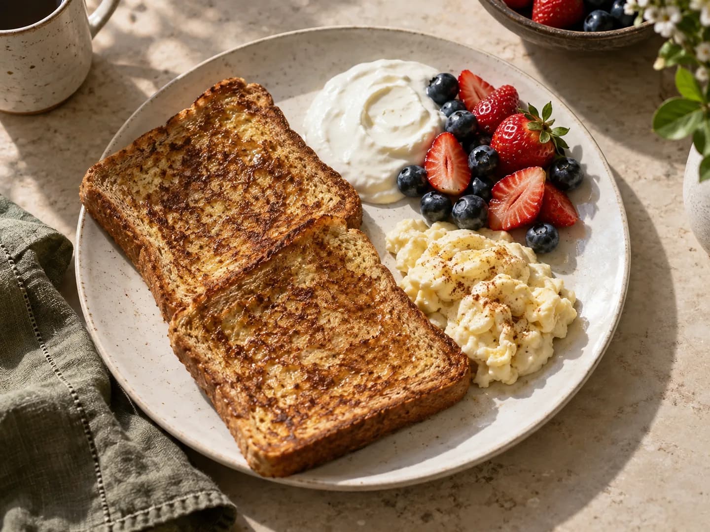 One complete breakfast of two French toast slices, yogurt, mixed berries and cooked egg custard