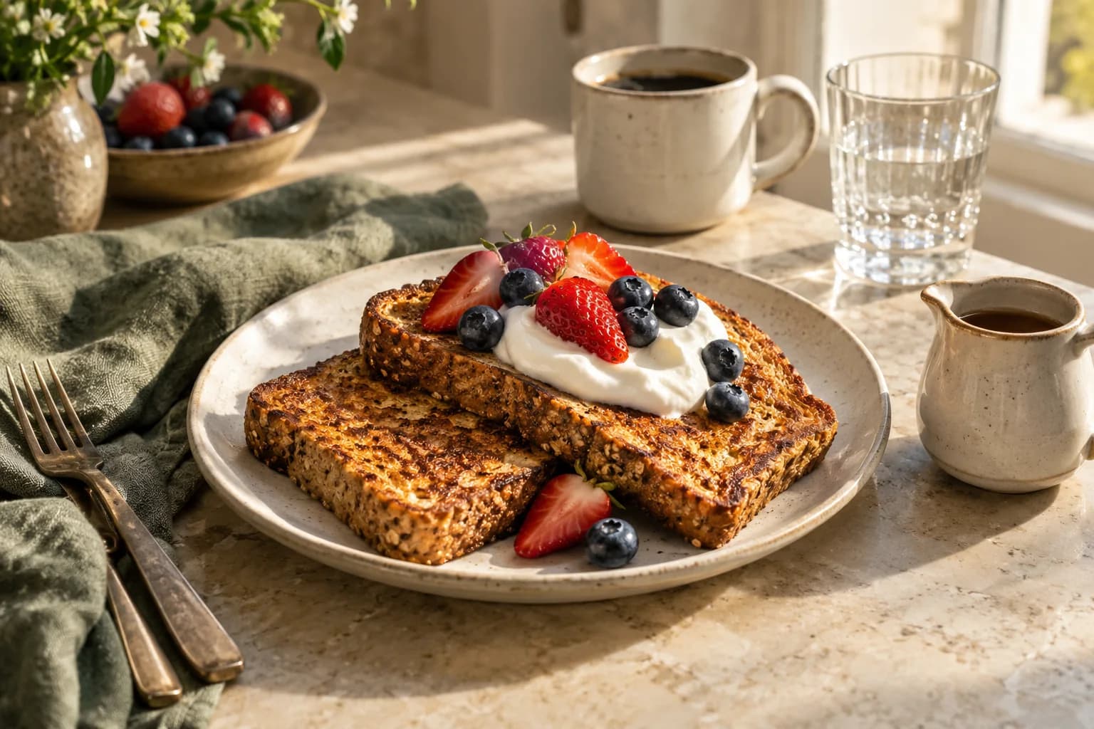 French toast brunch plate with Greek yogurt and berries, with maple syrup served separately