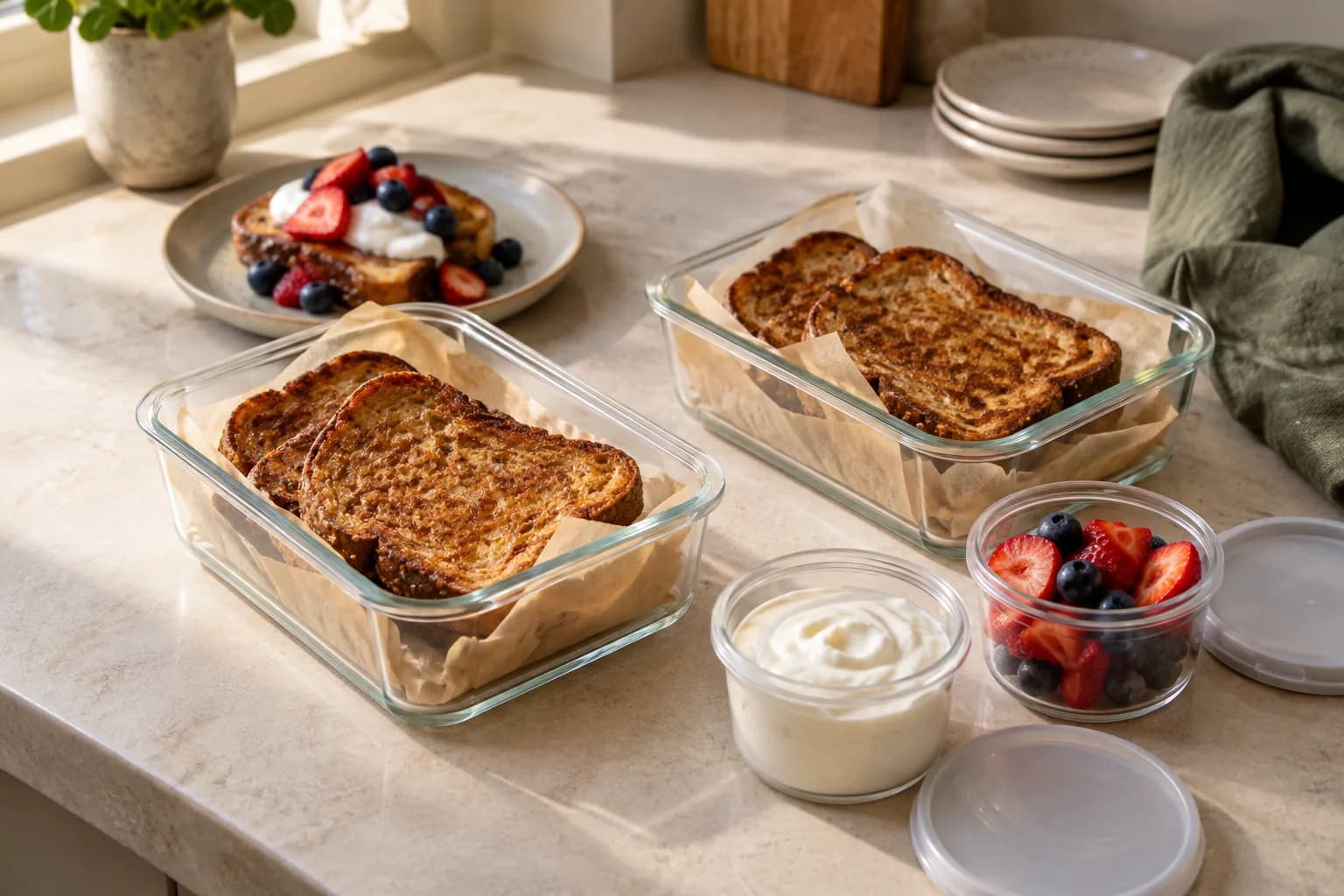 Cooked French toast in glass meal-prep containers with yogurt and berries stored separately