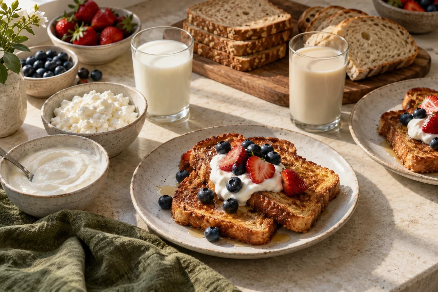 Whole-grain bread and sourdough with plain yogurt, cottage cheese, milk and a plant drink