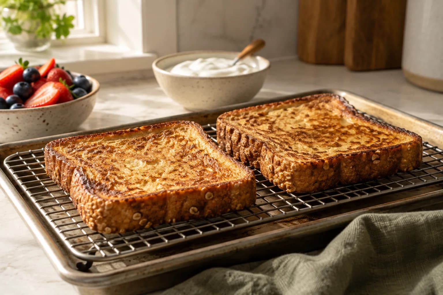 Golden whole-grain French toast resting in a single layer on a cooling rack