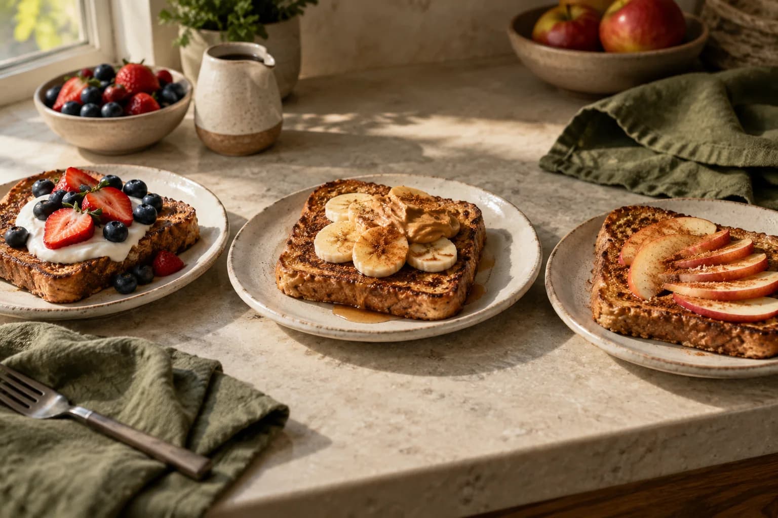 Three French toast servings with berry yogurt, banana peanut butter and apple cinnamon toppings