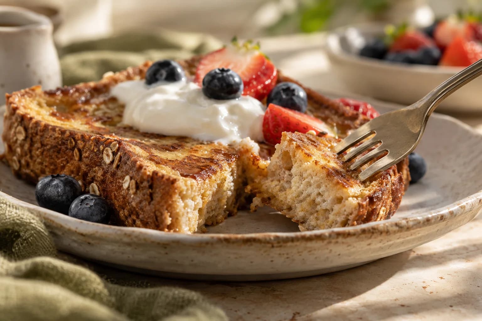 A fork cutting into the tender fully cooked center of whole-grain French toast