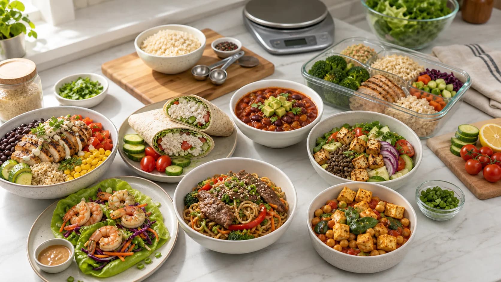High-protein lunch spread with chicken rice bowl, tuna wrap, turkey chili, tofu lentil salad, shrimp lettuce wraps, beef noodle bowl, paneer chickpea bowl, and meal-prep containers