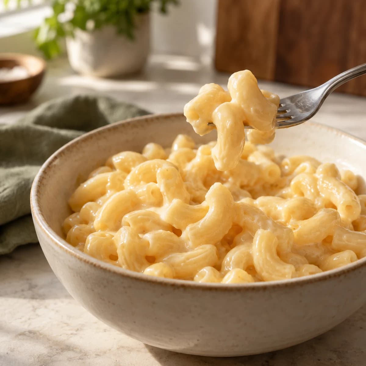 A fork holding a few elbow macaroni pieces coated in smooth cheese sauce