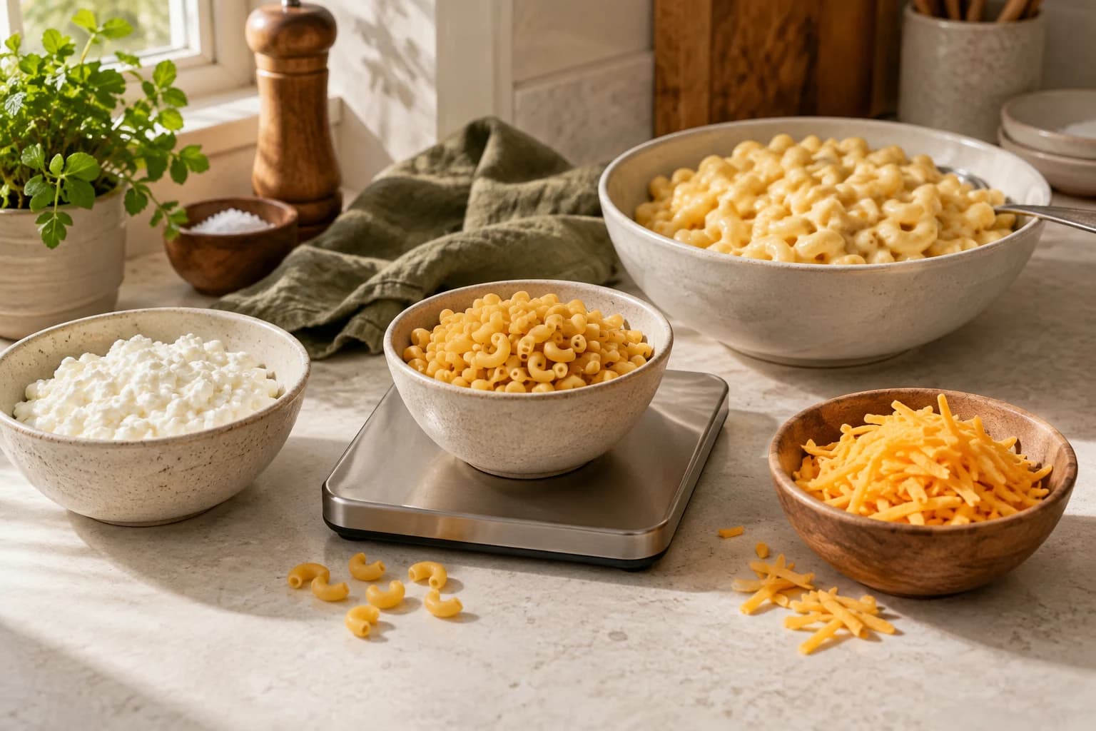 Dry macaroni on a kitchen scale beside cottage cheese, cheddar and a finished bowl