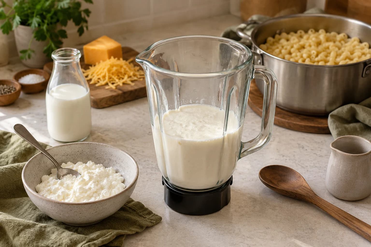 A blender jar of smooth cottage-cheese mixture beside cooked plain macaroni
