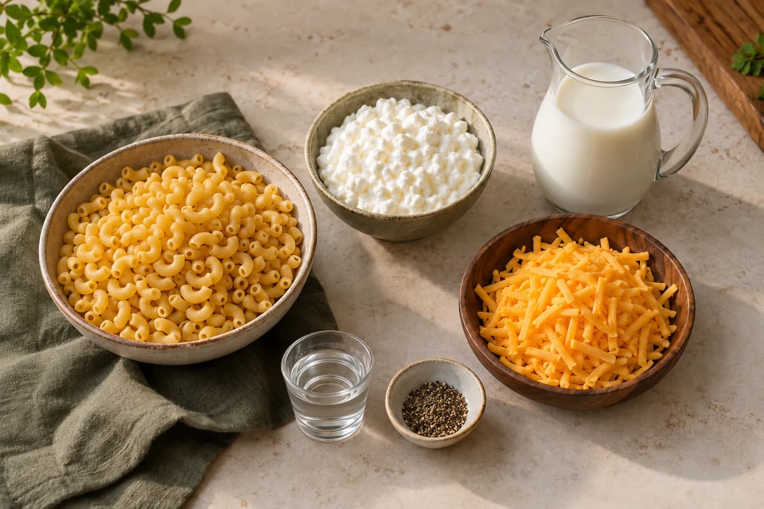 Dry elbow macaroni, cottage cheese, milk and grated cheddar arranged on a kitchen counter