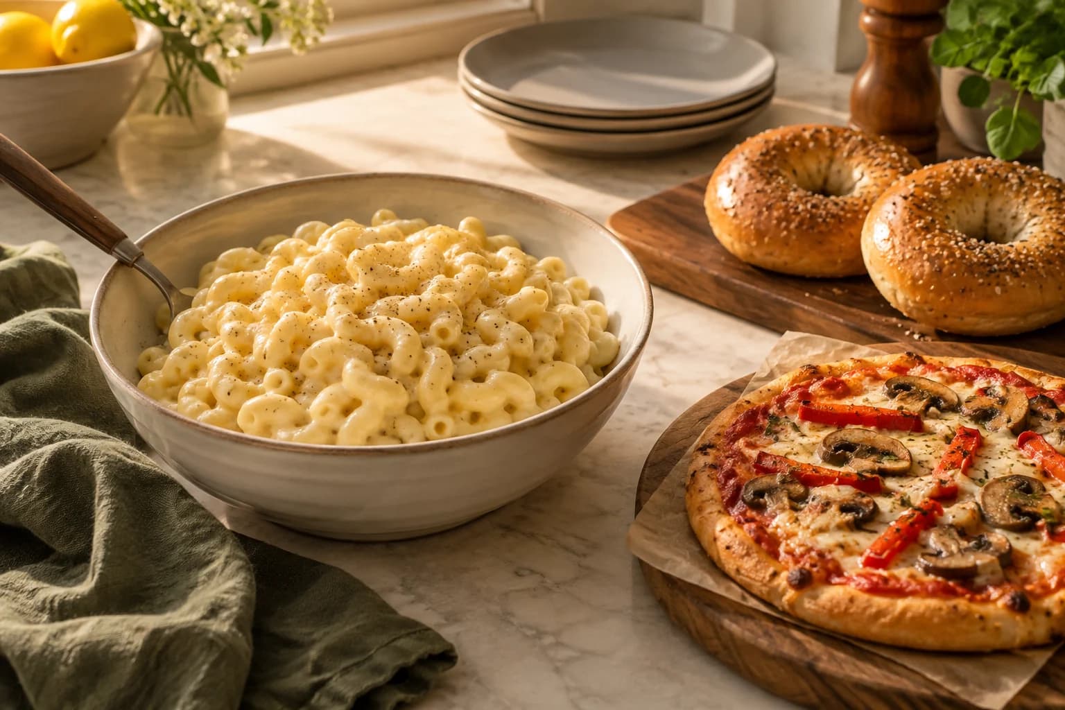Creamy mac and cheese, a small vegetable pizza and yogurt bagels on a kitchen counter