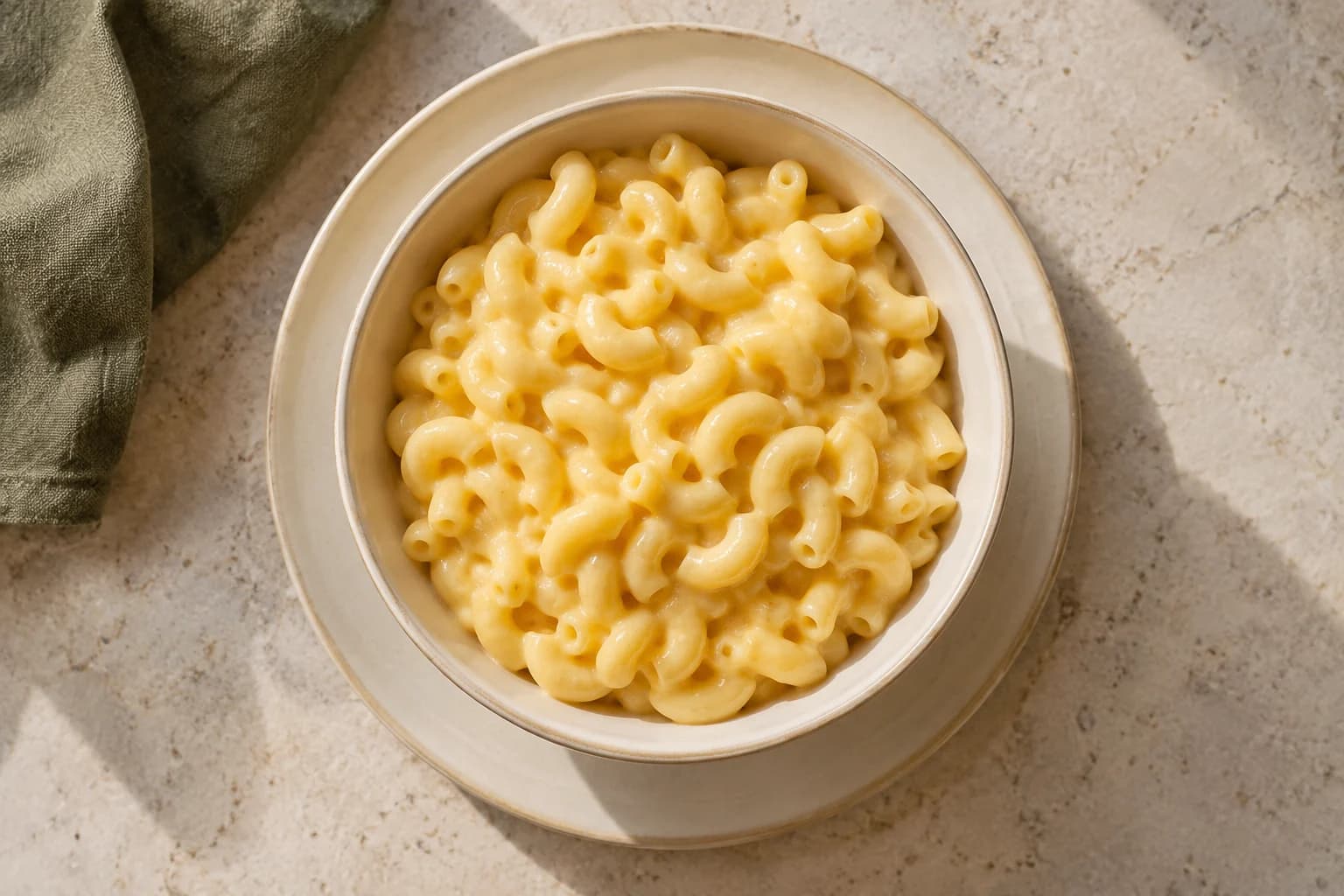A single bowl of plain creamy macaroni and cheese on an ivory plate