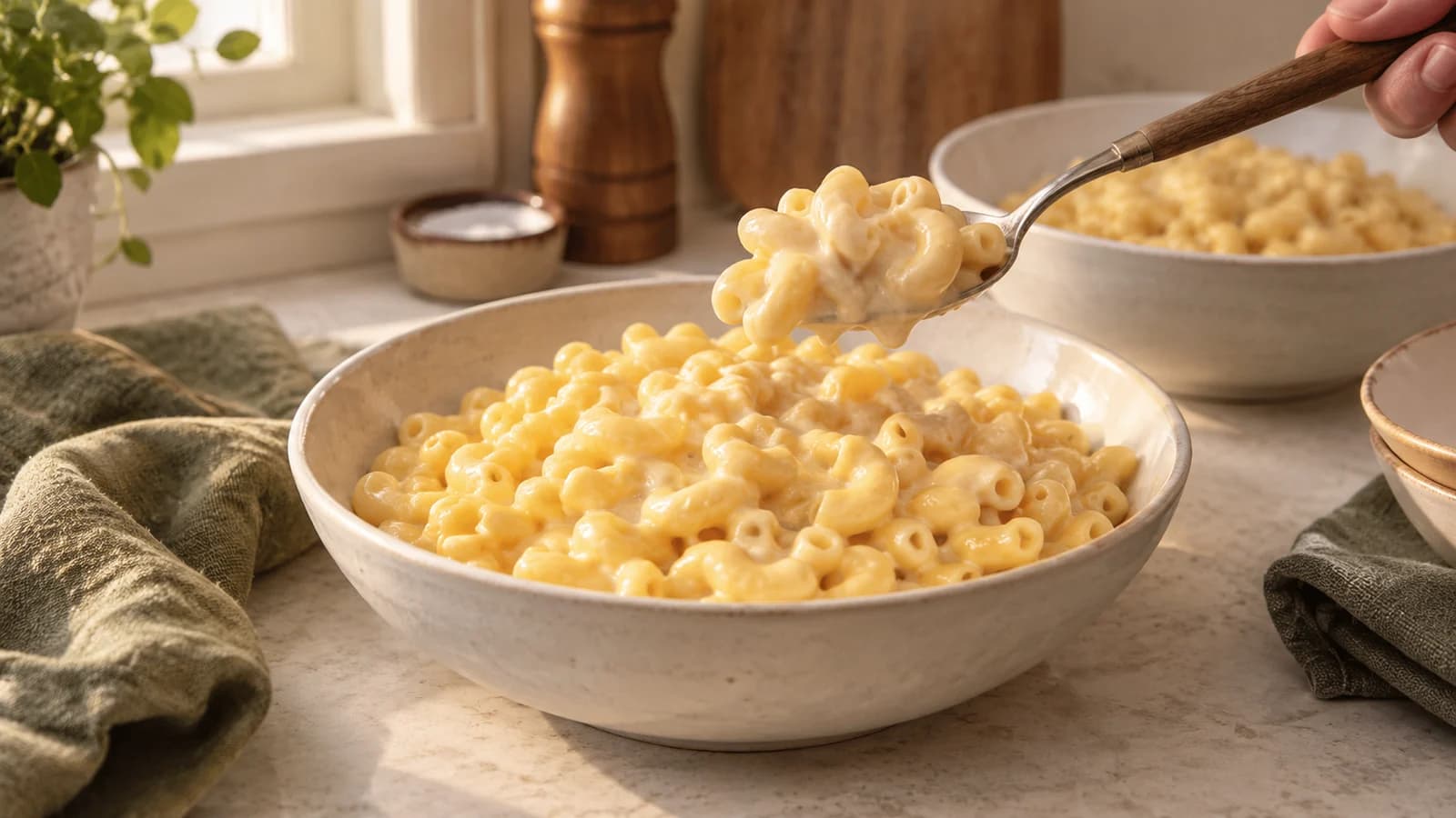 Creamy elbow macaroni in a pale golden cheese sauce served in an ivory bowl