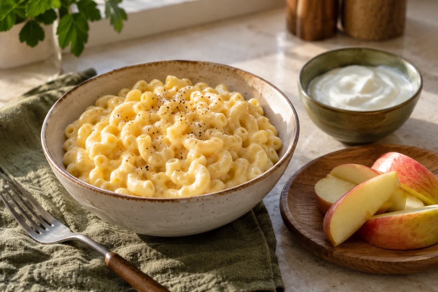 Creamy mac and cheese beside yogurt and apple slices on a simple table