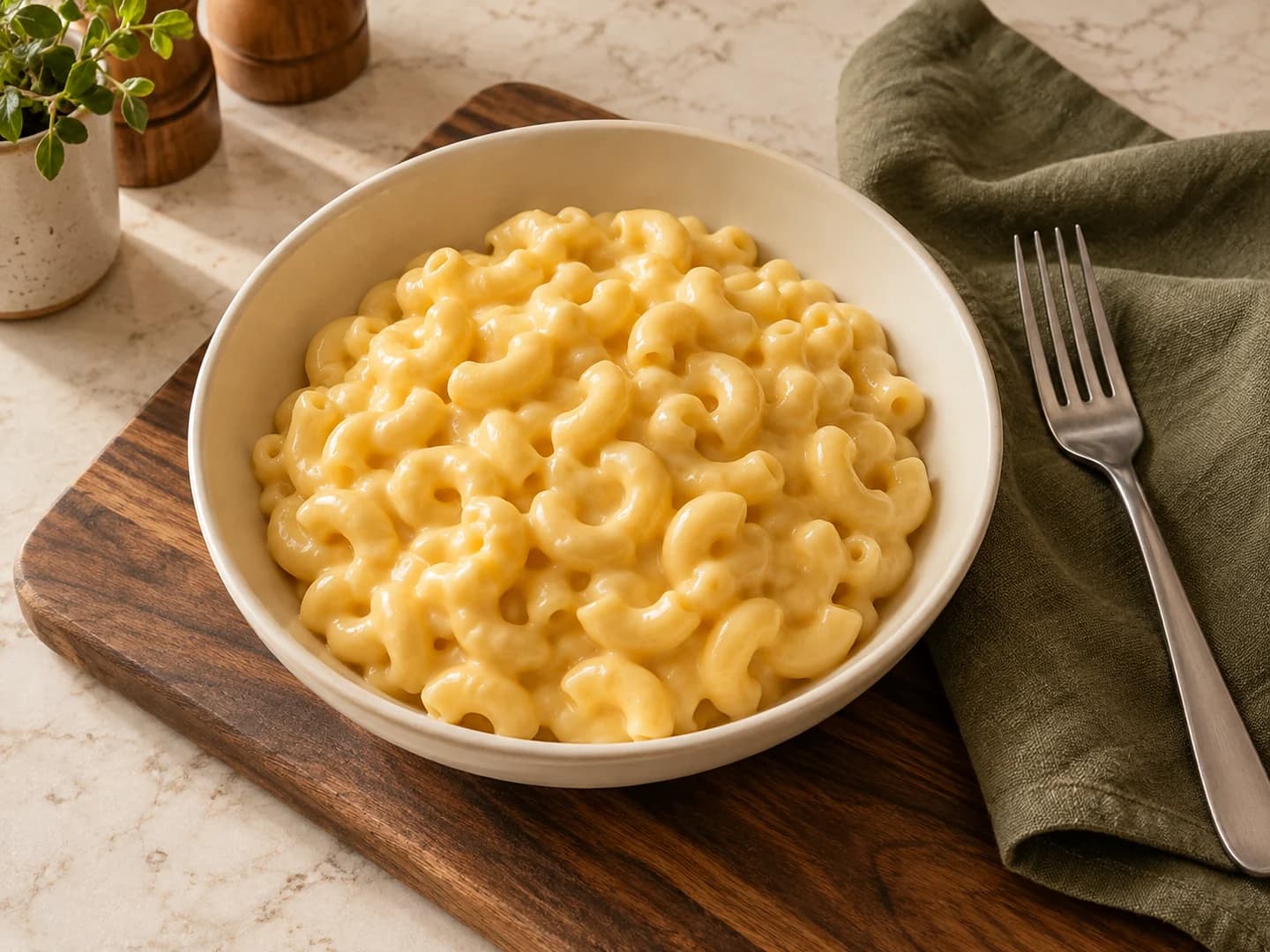 An overhead bowl of plain creamy elbow macaroni beside a fork and olive napkin