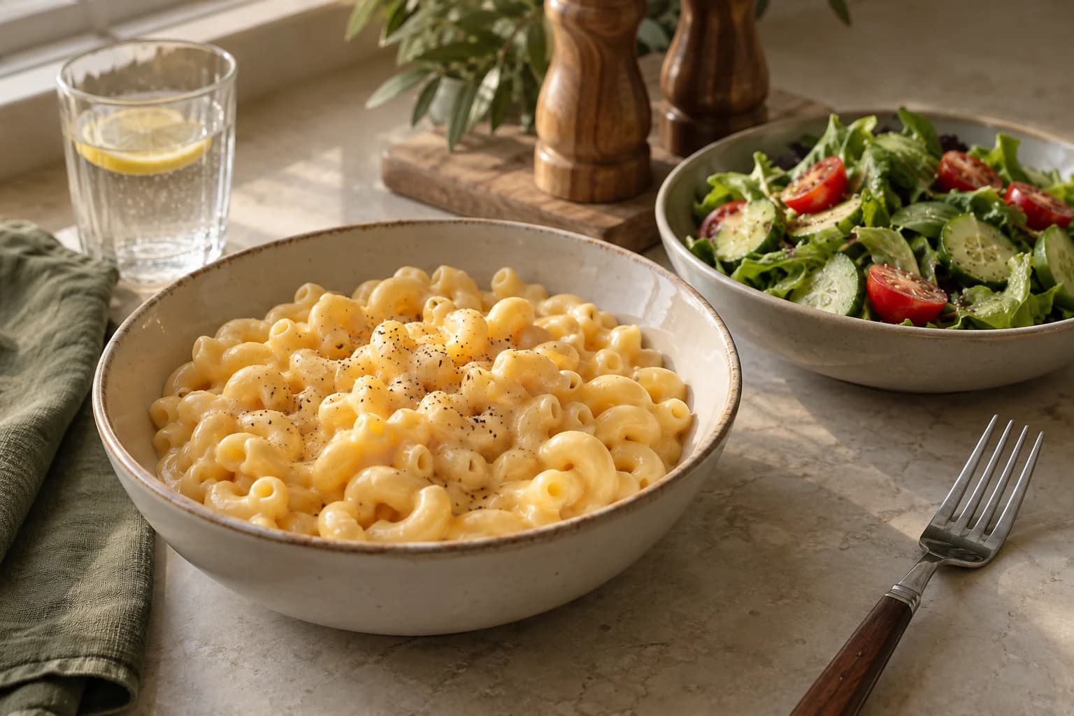 A bowl of creamy macaroni beside cucumber and tomato salad