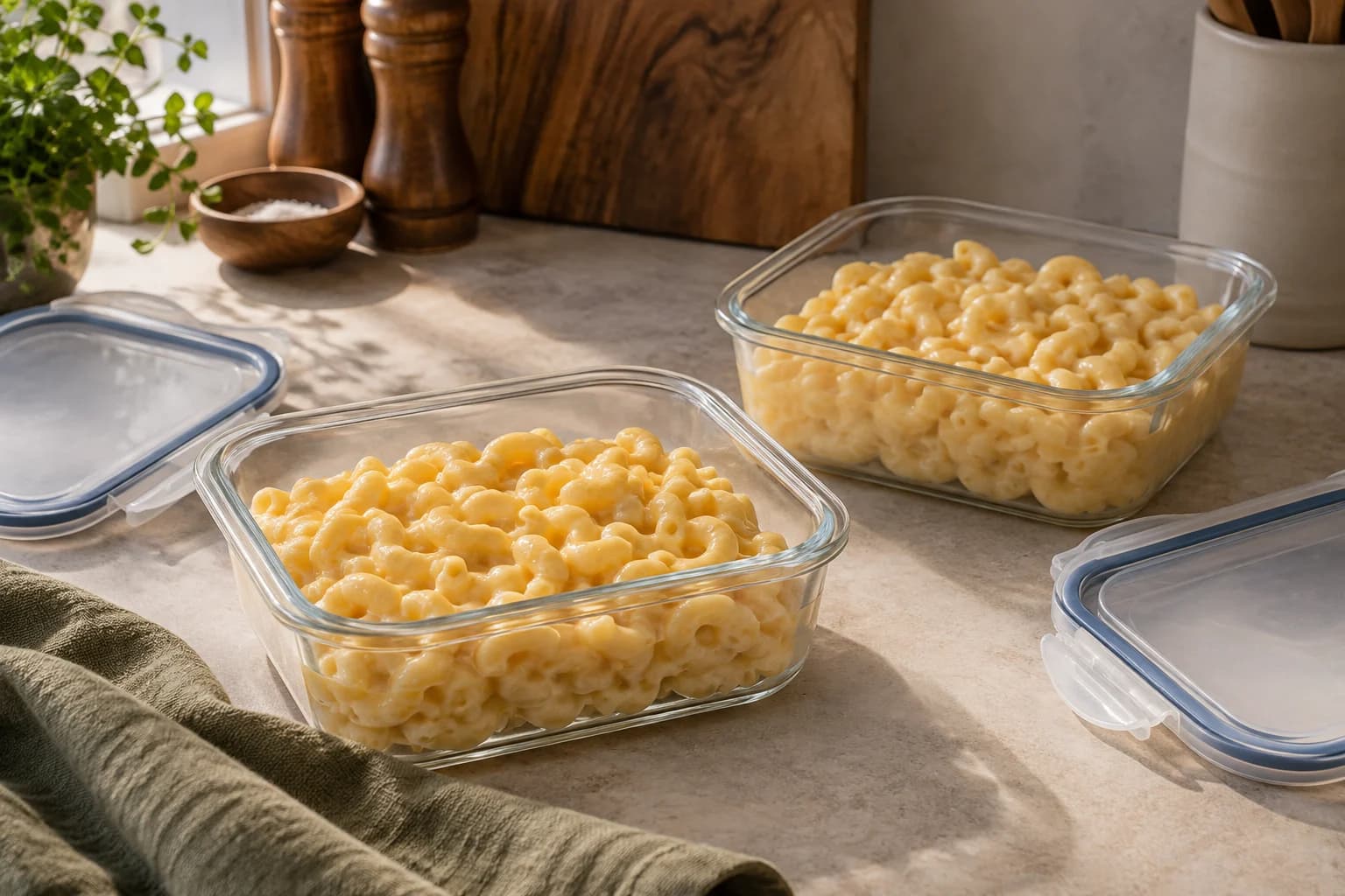 Cooled creamy macaroni portions in two shallow glass containers with lids nearby