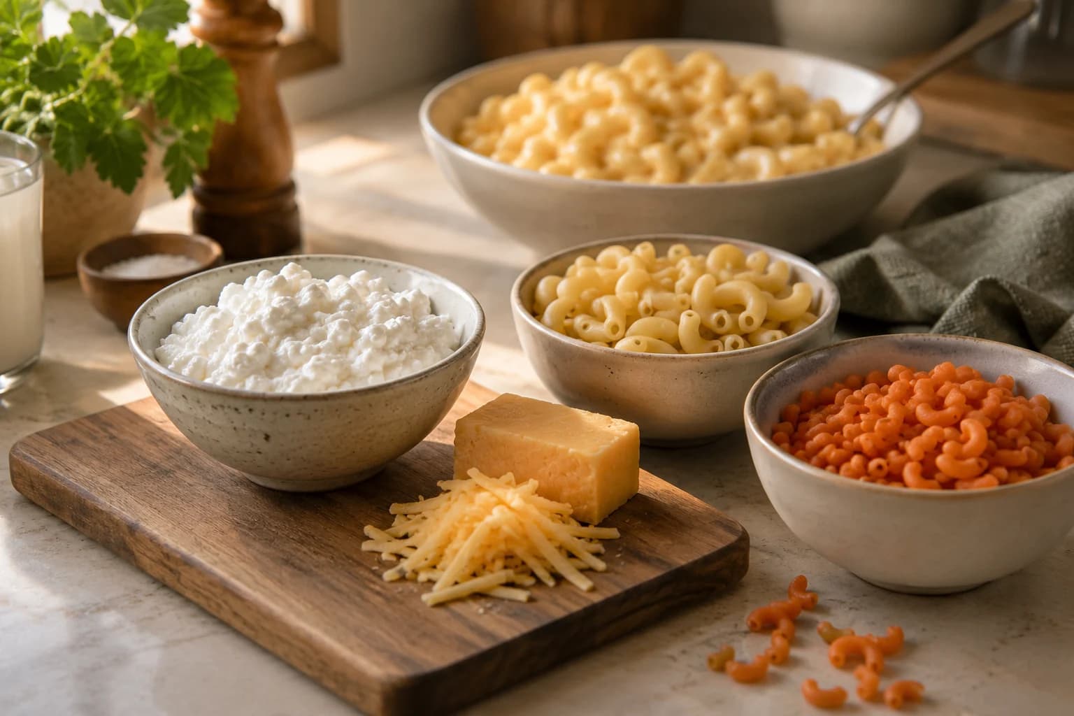 Cottage cheese, cheddar and two different dry pasta types beside a creamy pasta bowl