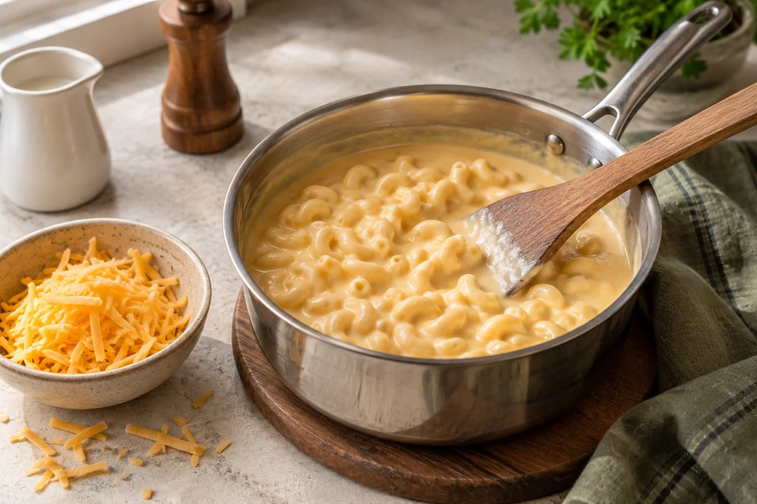 Creamy macaroni and cheese in a saucepan beside freshly grated cheddar