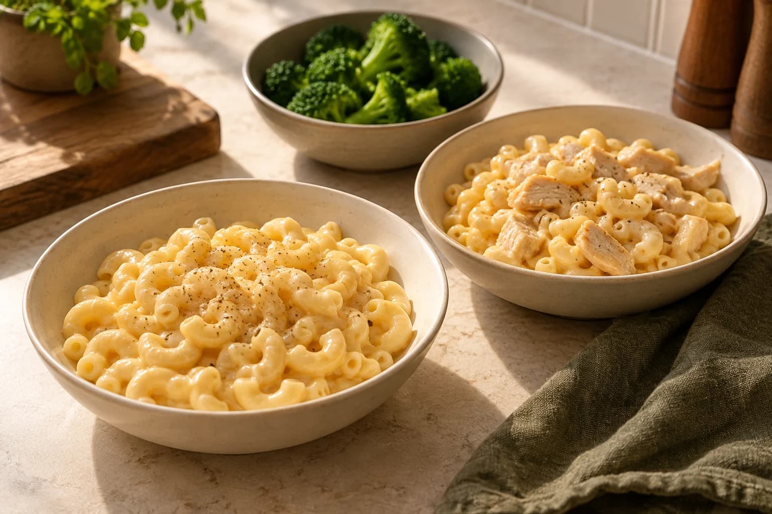 Plain mac and cheese and a cooked-chicken version in separate bowls with broccoli alongside