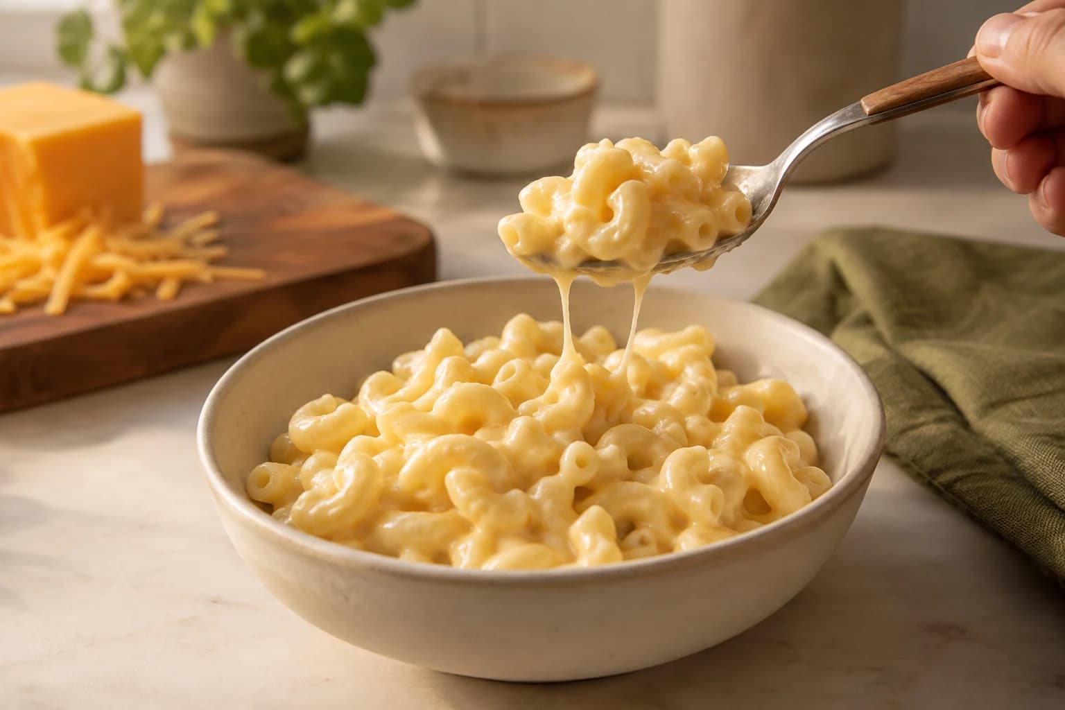 A spoonful of creamy elbow macaroni lifted above a simple ceramic bowl
