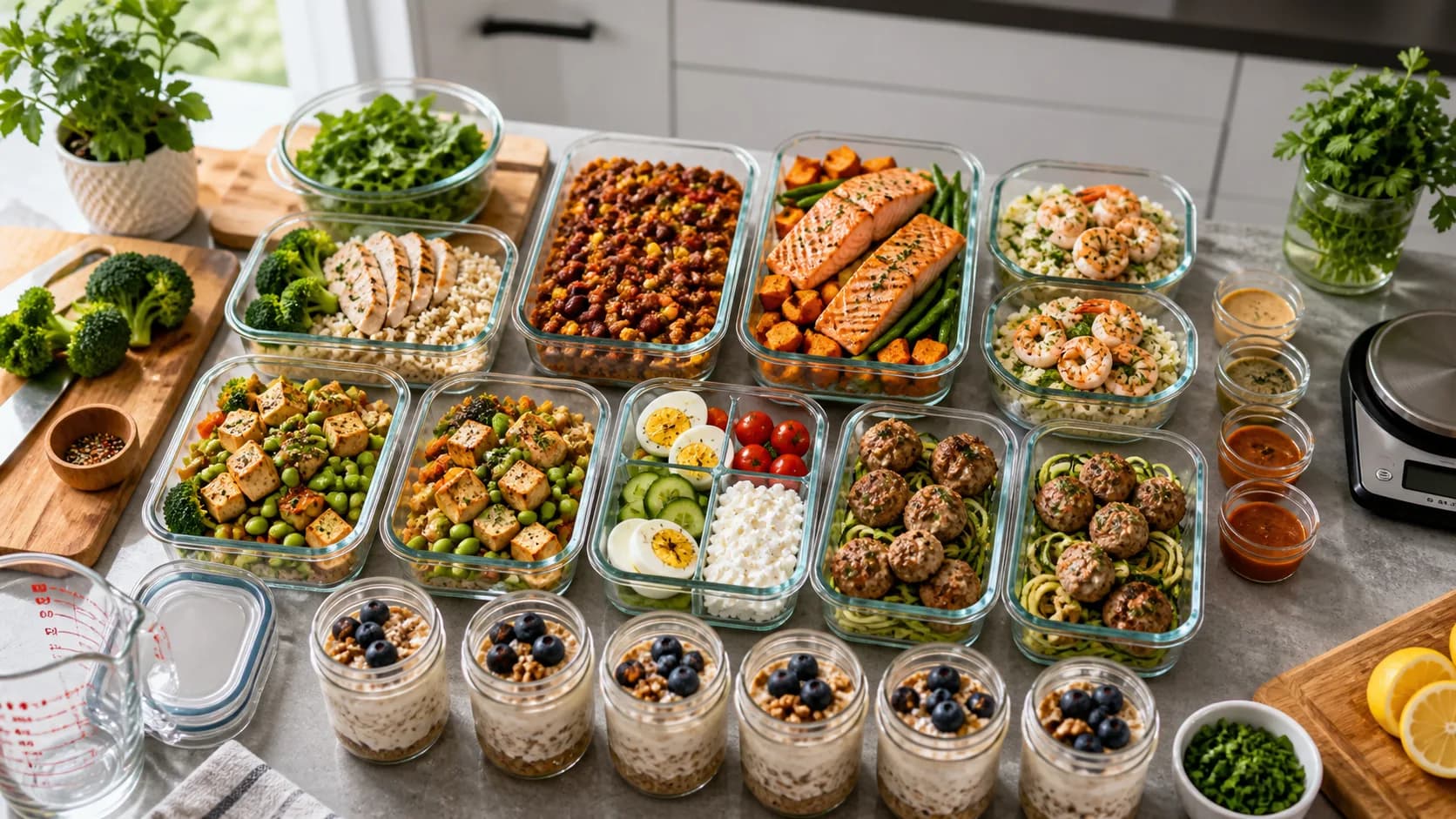 High-protein meal prep spread with chicken rice bowls, turkey chili, salmon sweet potato containers, shrimp cauliflower rice boxes, tofu edamame bowls, turkey meatballs, egg cottage cheese bento, overnight oats jars, and sauce cups