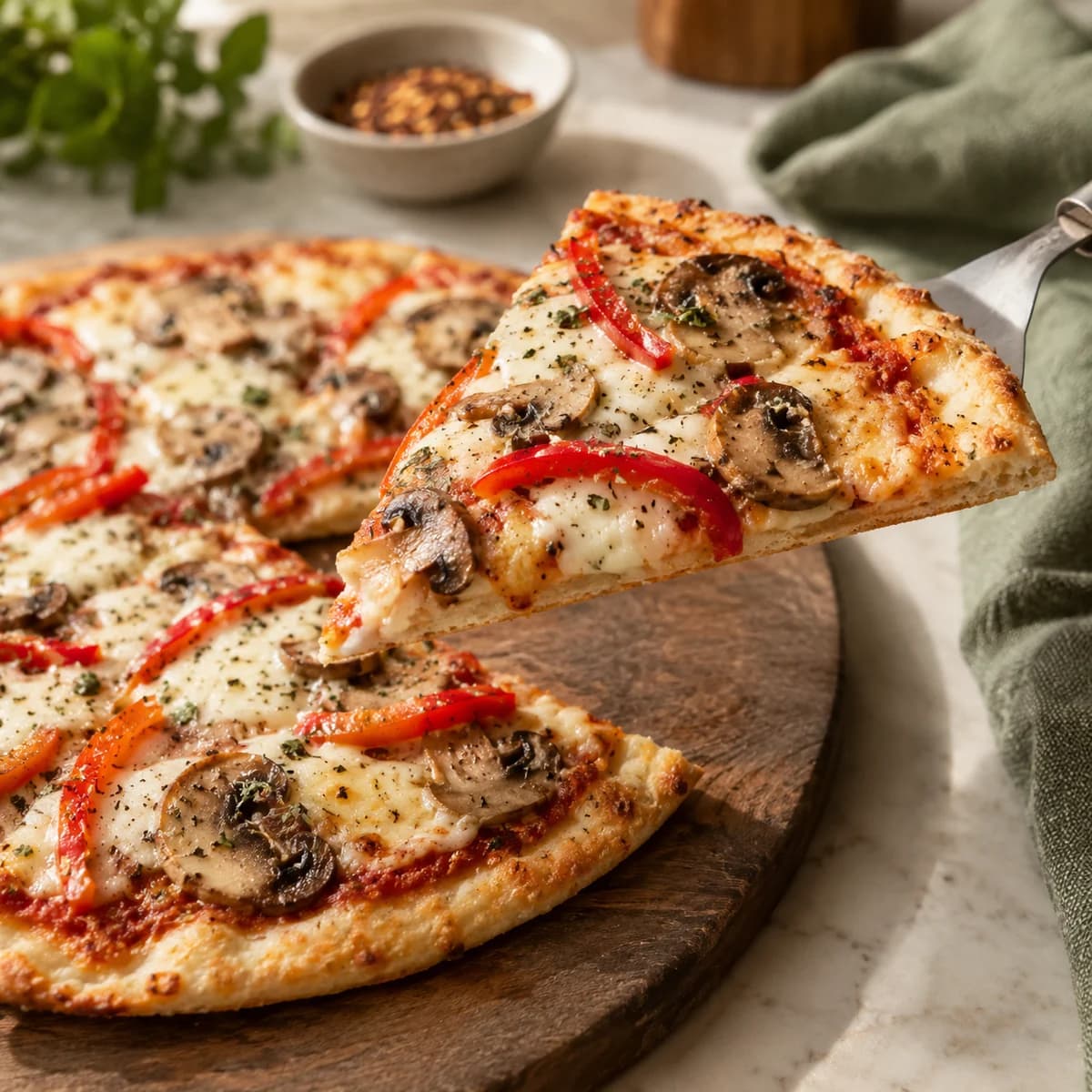 A vegetable pizza slice lifted on a spatula showing a thin baked base