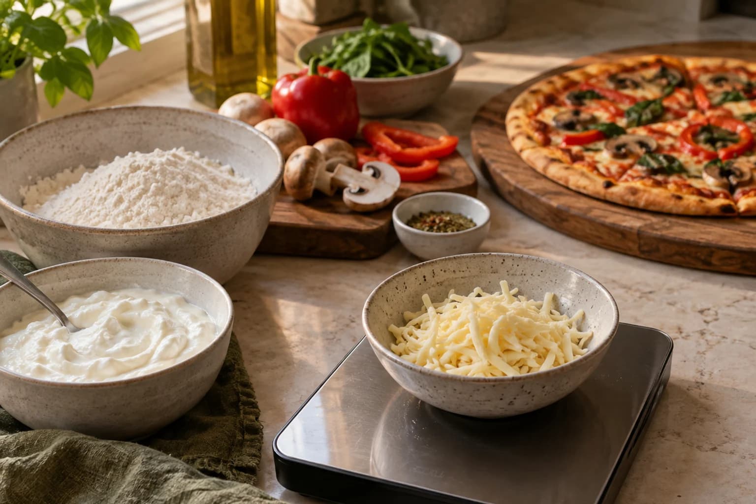 A bowl of mozzarella on a kitchen scale with pizza ingredients nearby