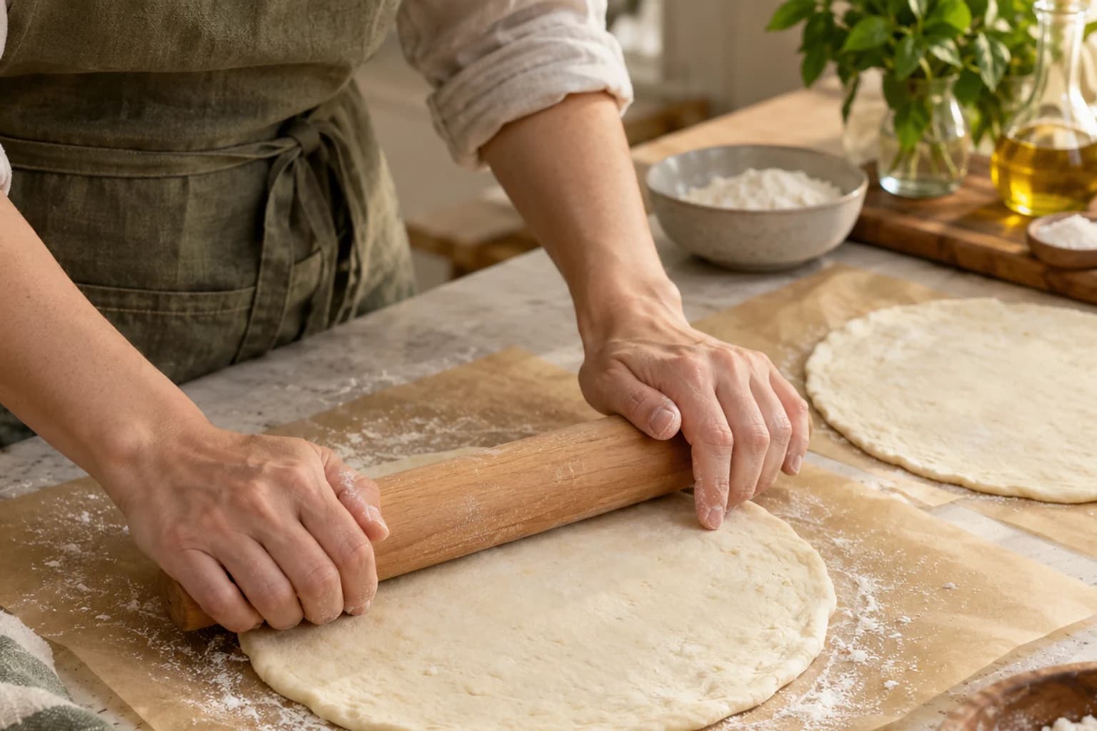 Hands rolling a small circle of yogurt pizza dough on parchment