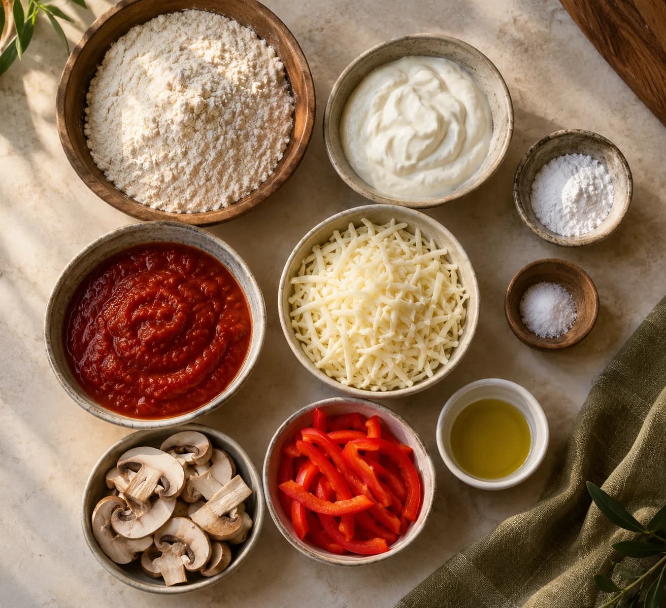Bowls of flour, thick yogurt, tomato sauce and mozzarella beside sliced mushrooms and red pepper
