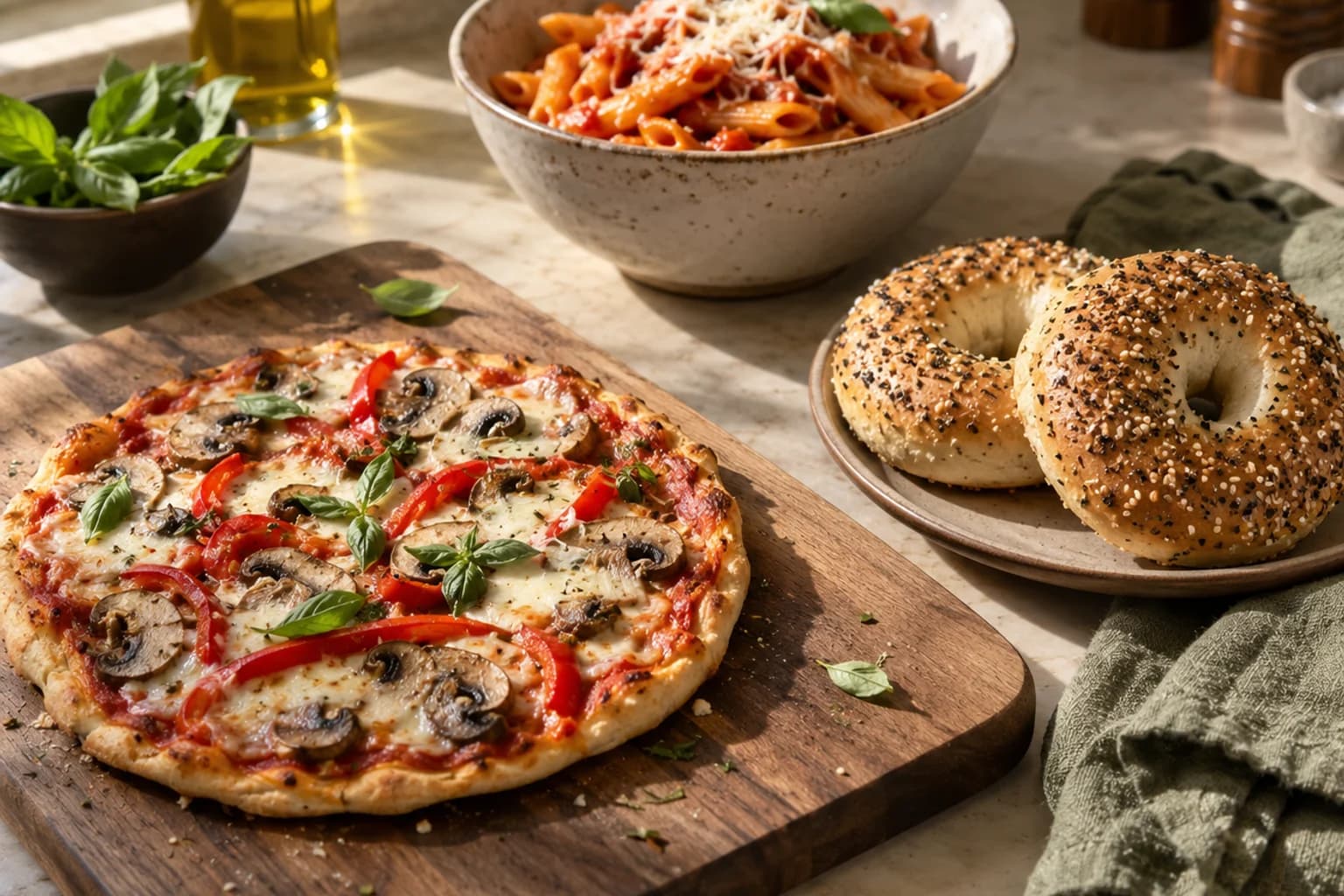 A vegetable pizza, yogurt bagels and a tomato pasta bowl on a kitchen counter