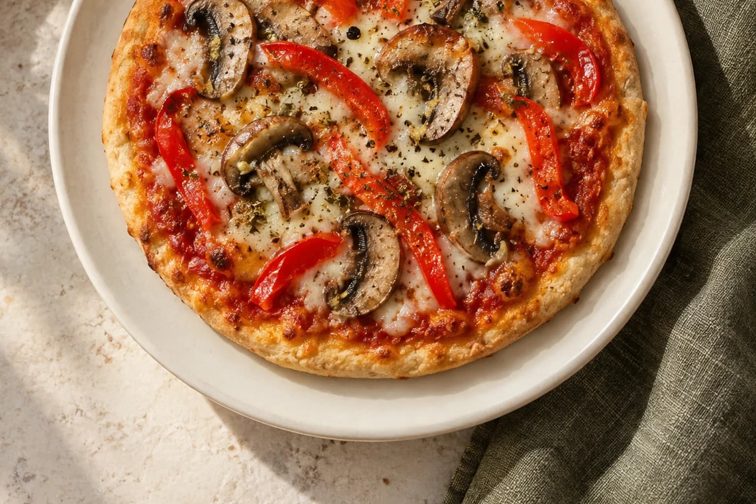 One whole small mushroom and pepper pizza centred on an ivory plate