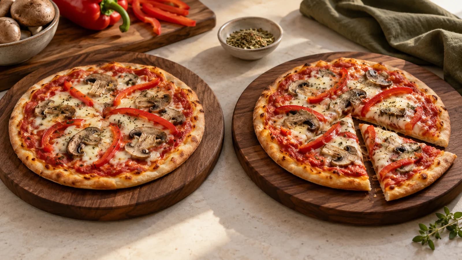 Two small mushroom and red pepper pizzas with golden yogurt crusts on wooden boards