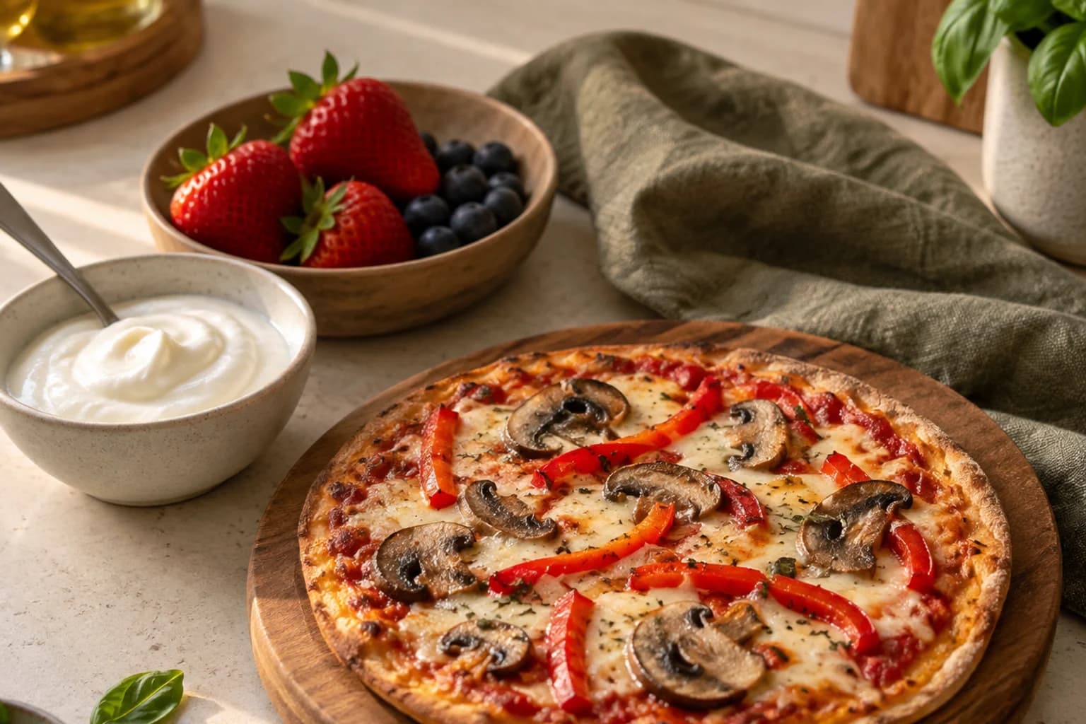A small vegetable pizza beside plain yogurt and fruit on a kitchen table