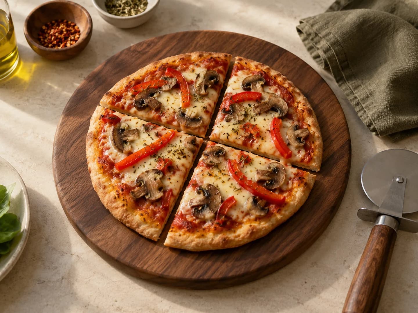 A small vegetable pizza cut into four wedges beside a pizza cutter