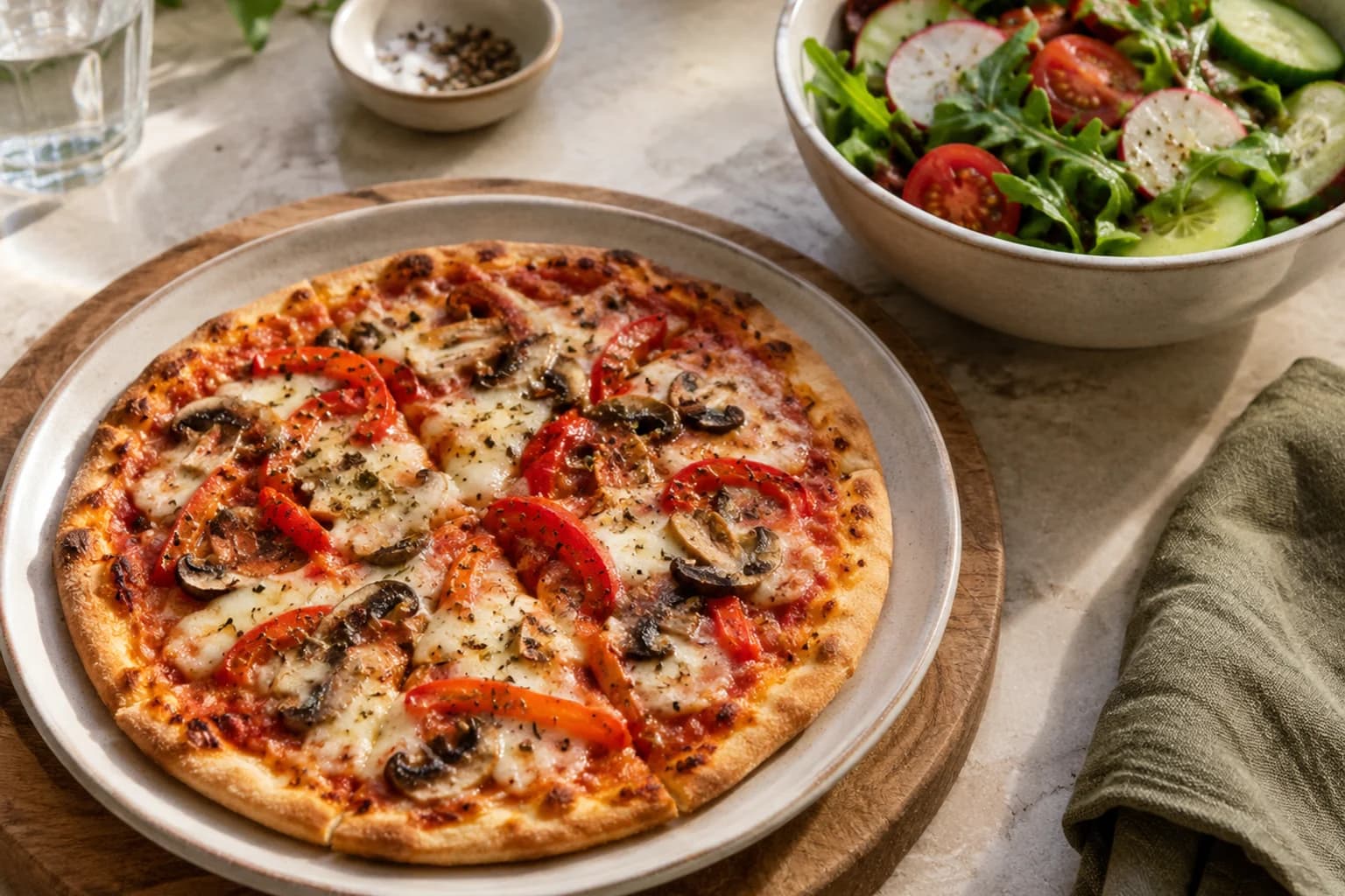 A personal vegetable pizza beside a separate bowl of cucumber and leaf salad