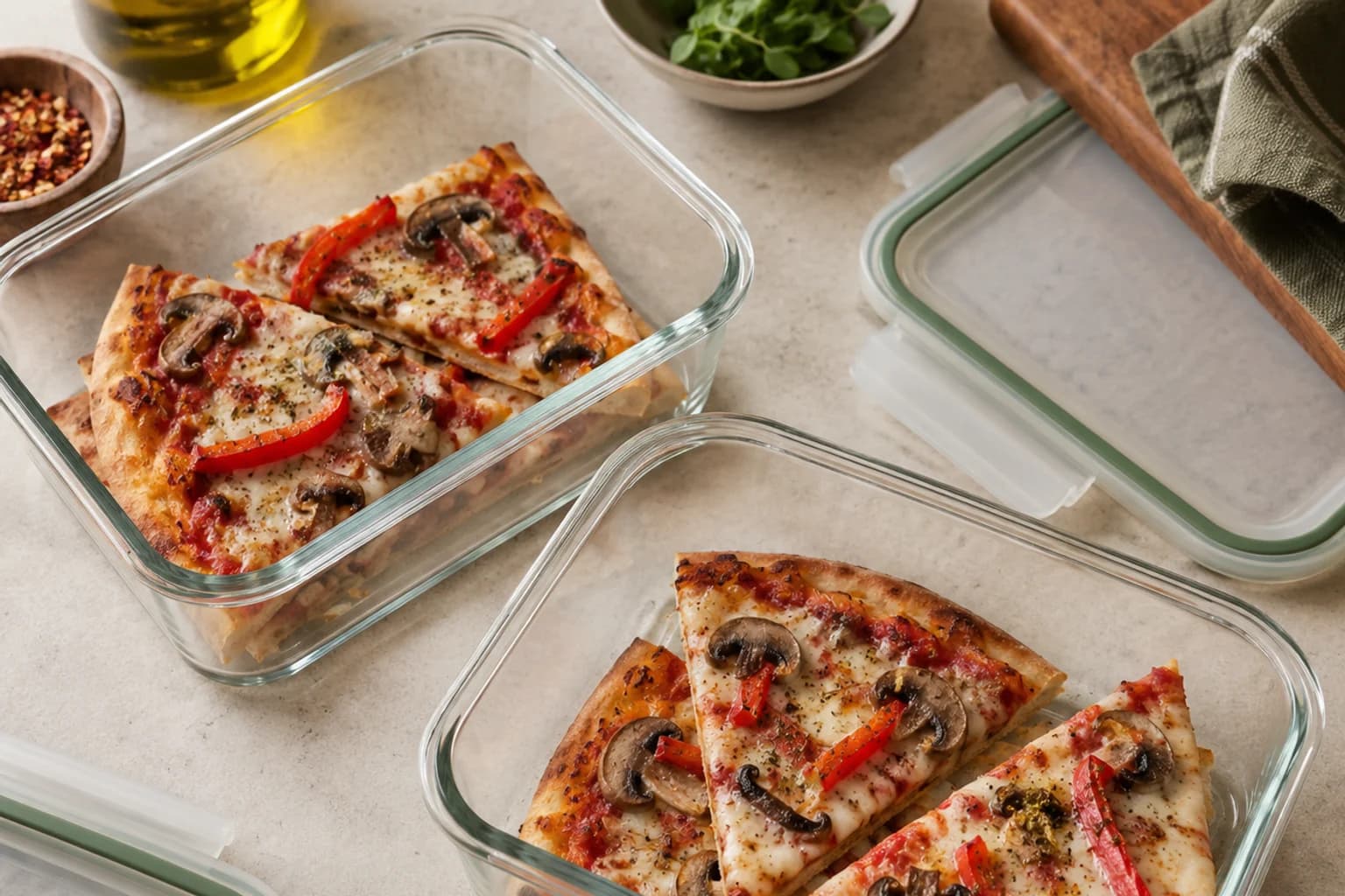 Cooled vegetable pizza slices arranged in shallow glass food containers