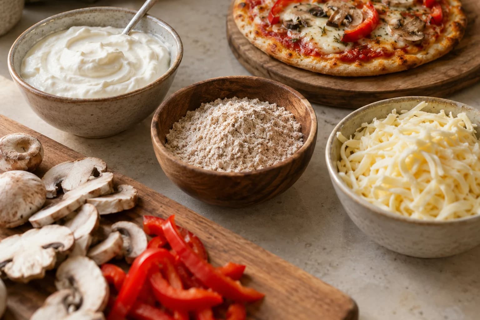 Greek yogurt, grated mozzarella and whole-wheat flour arranged beside a small vegetable pizza