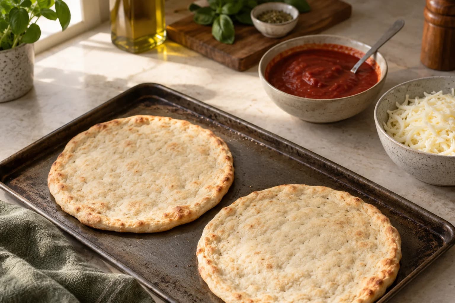 Two lightly set plain pizza bases on a metal tray beside sauce and cheese